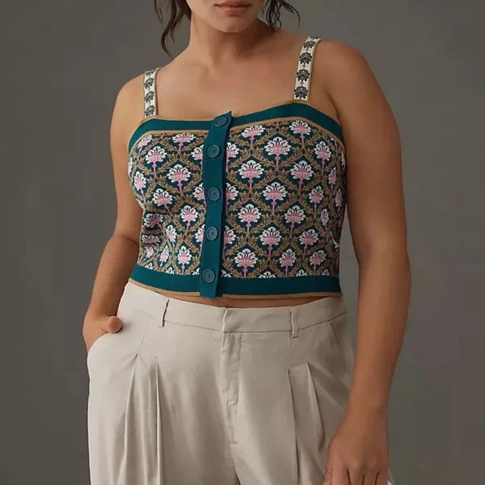 Anthropologie Teal and Pink Patterned Tank Top